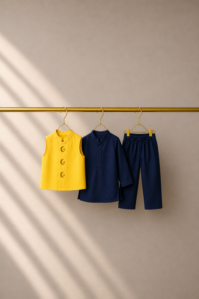Anaario Navy Moon-Star Motif Jacket Kurta Set, yellow jacket with navy kurta and pants on hangers