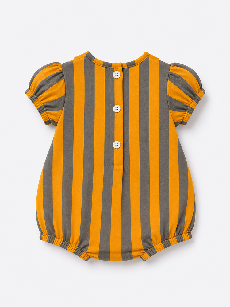 Baby wearing Anaario Orange Taupe Stripe Puff Sleeve bubble romper, newborn to 24 months