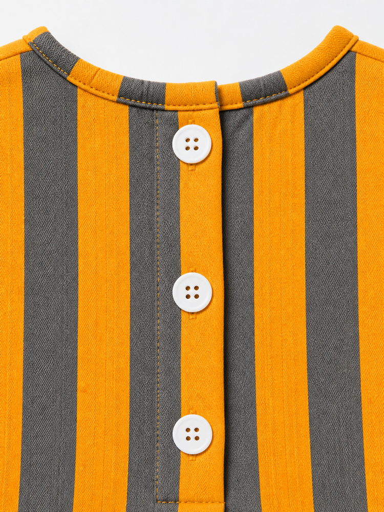 Baby wearing Anaario Orange Taupe Stripe Puff Sleeve bubble romper, newborn to 24 months