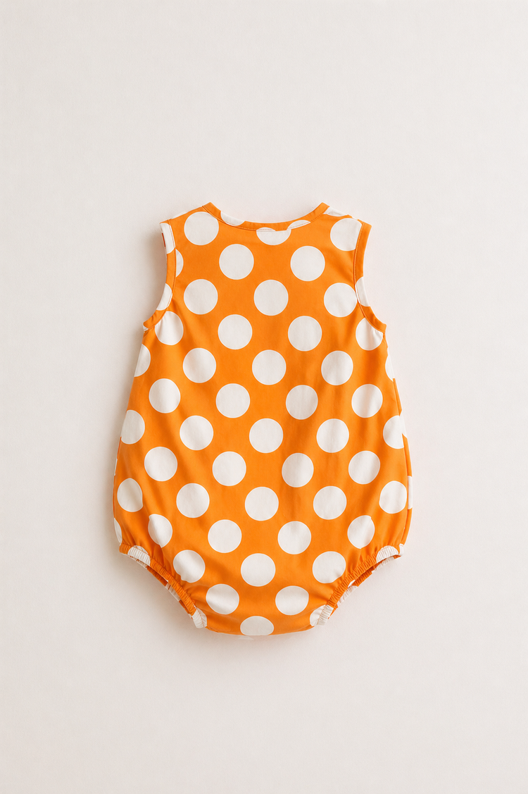 Baby wearing Anaario Orange White Polka Dot Sleeveless wrap-style romper, newborn to 24 months