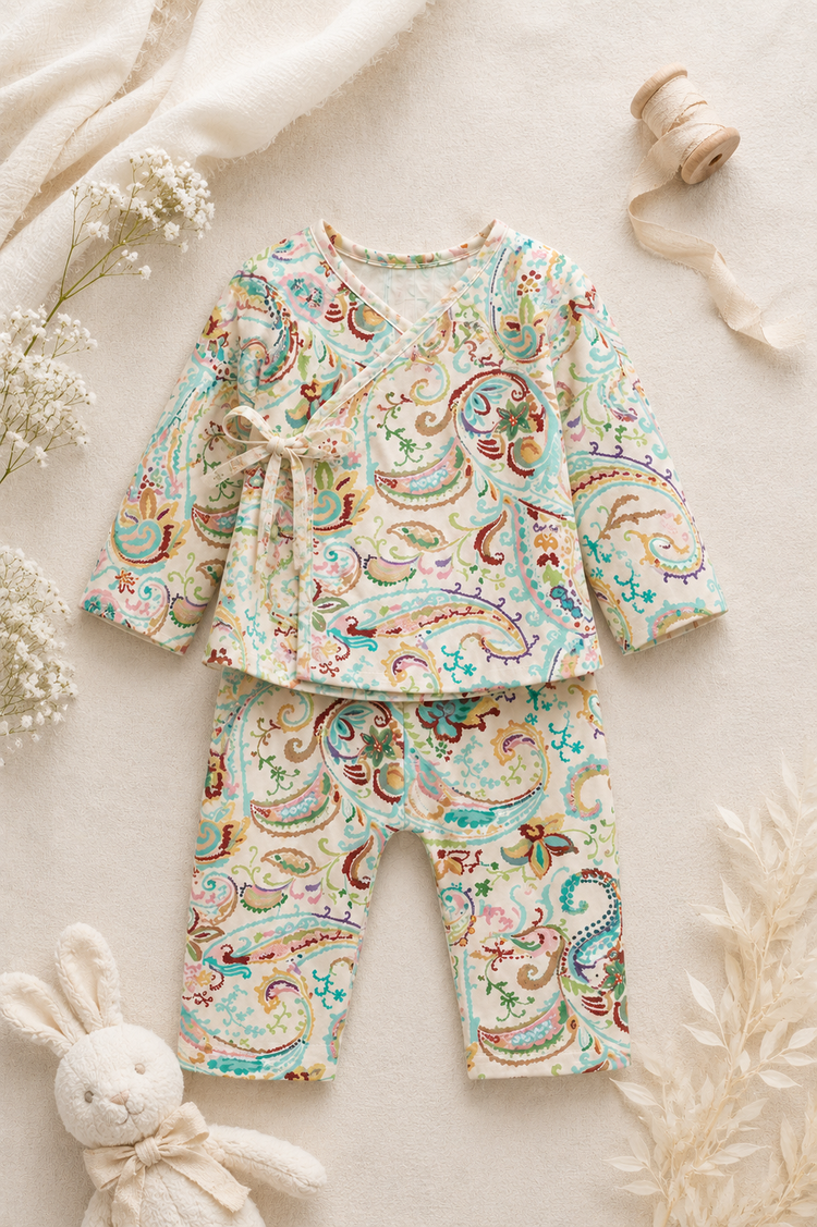 Baby wearing Anaario Pastel Paisley Wrap soft pastel paisley print co-ord set, newborn to 24 months