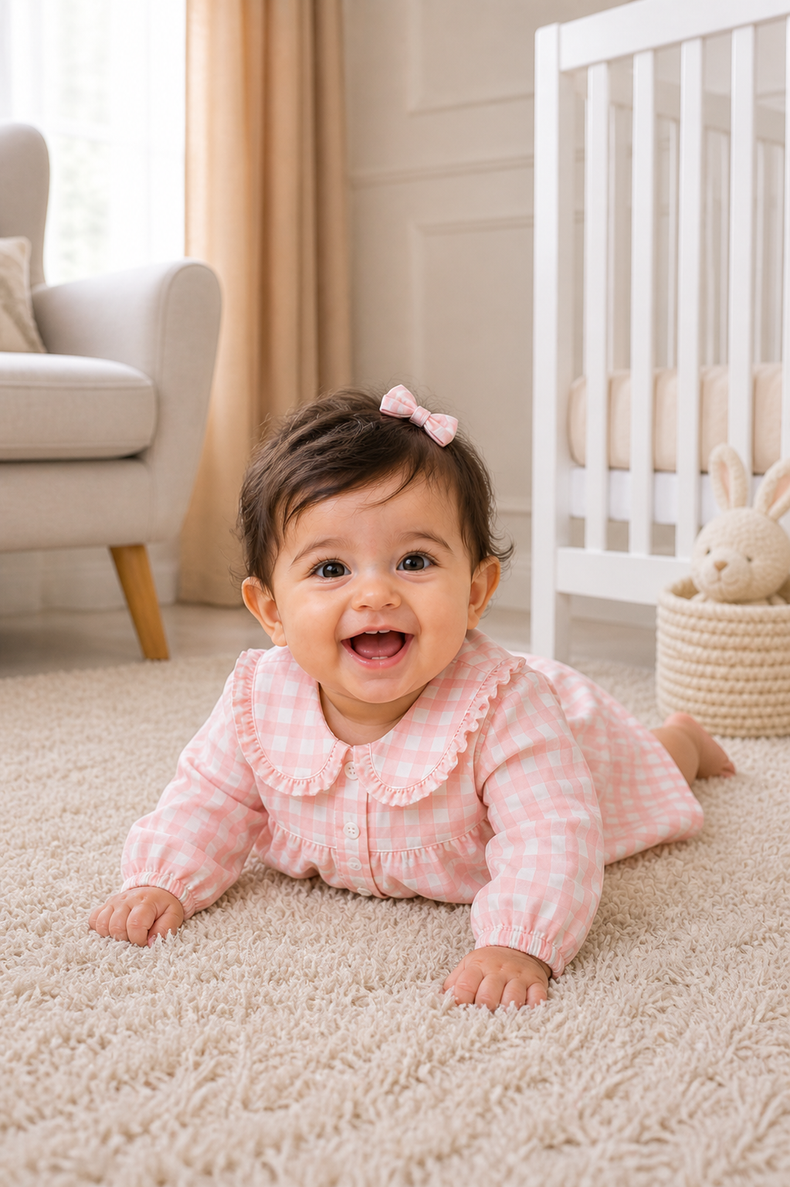 Baby wearing Anaario Pink Check Collar pink and white check long-sleeve dress set, newborn to 24 months