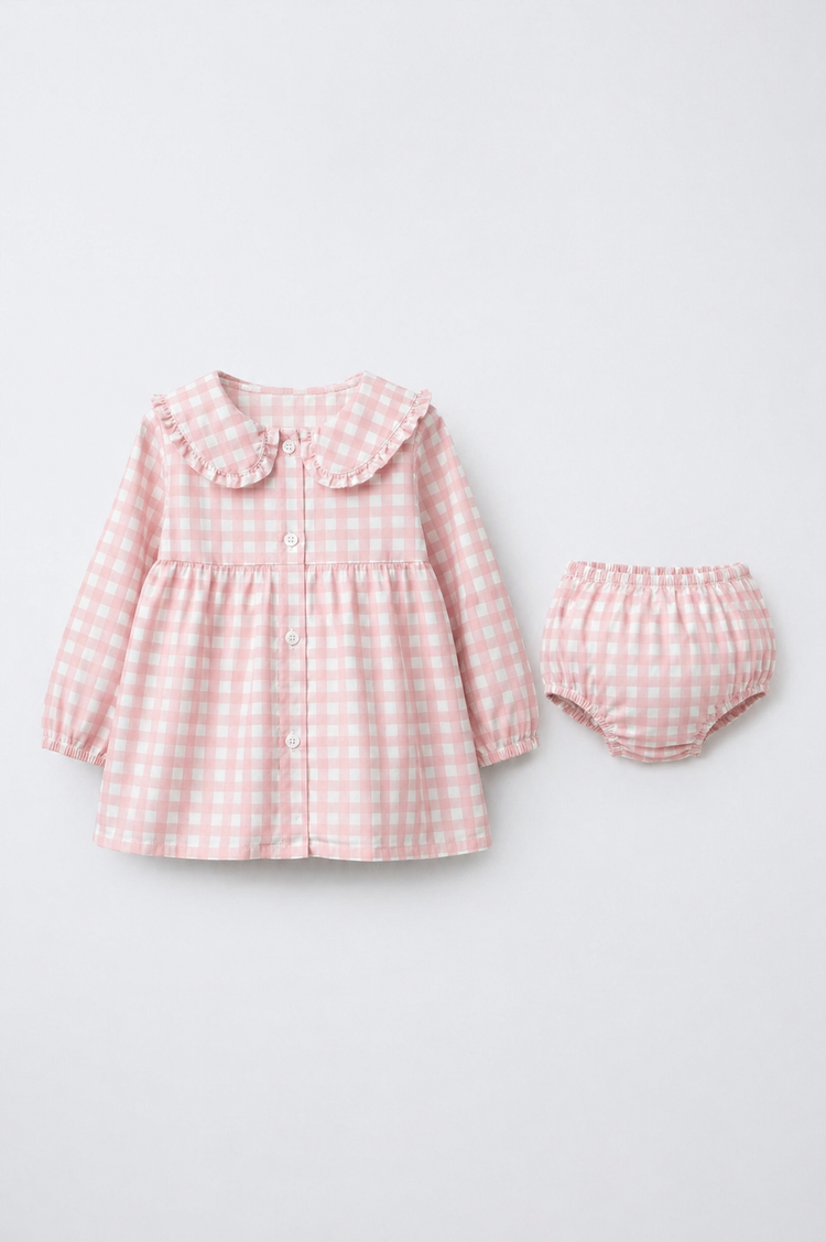 Baby wearing Anaario Pink Check Collar pink and white check long-sleeve dress set, newborn to 24 months