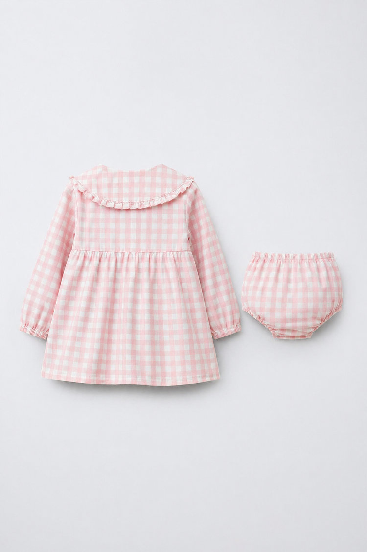 Baby wearing Anaario Pink Check Collar pink and white check long-sleeve dress set, newborn to 24 months