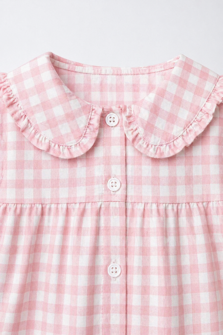 Baby wearing Anaario Pink Check Collar pink and white check long-sleeve dress set, newborn to 24 months