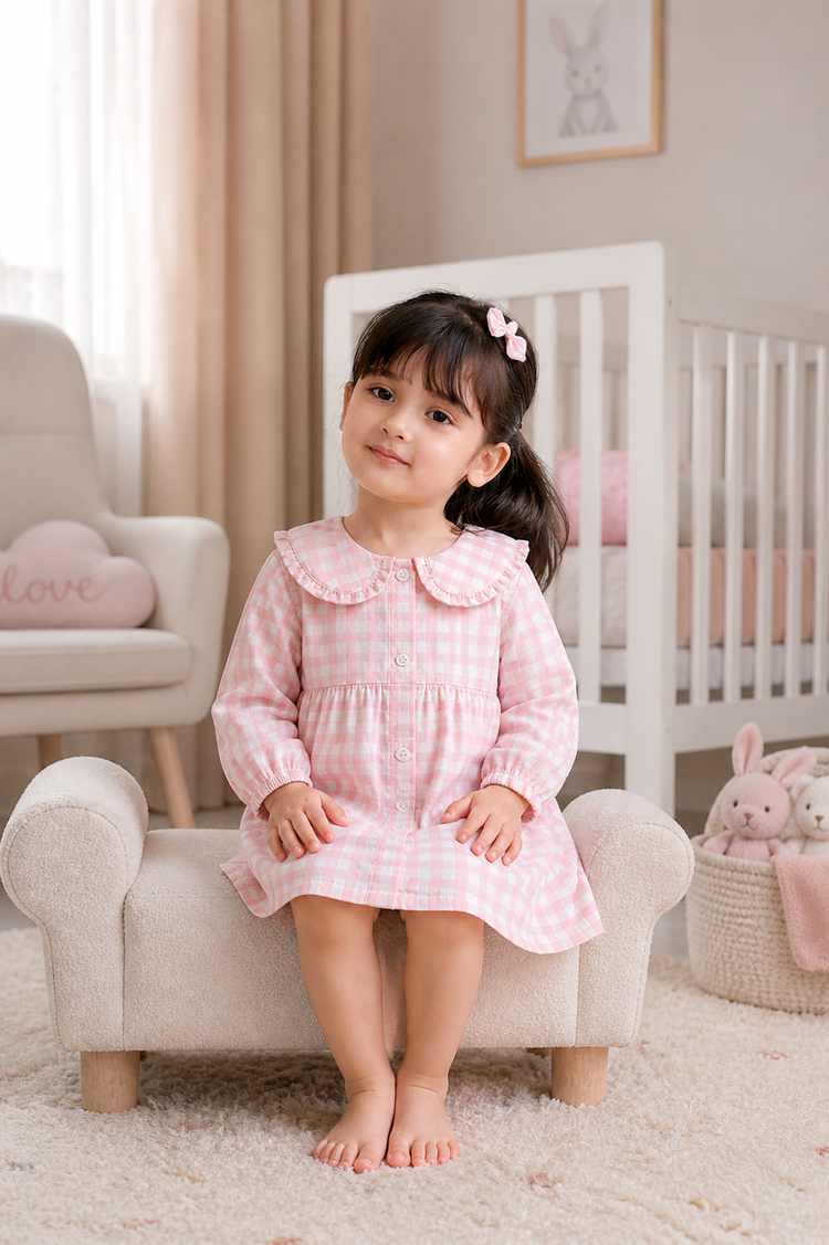 Baby wearing Anaario Pink Check Collar pink and white check long-sleeve dress set, newborn to 24 months