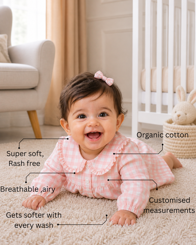 Baby wearing Anaario Pink Check Collar pink and white check long-sleeve dress set, newborn to 24 months