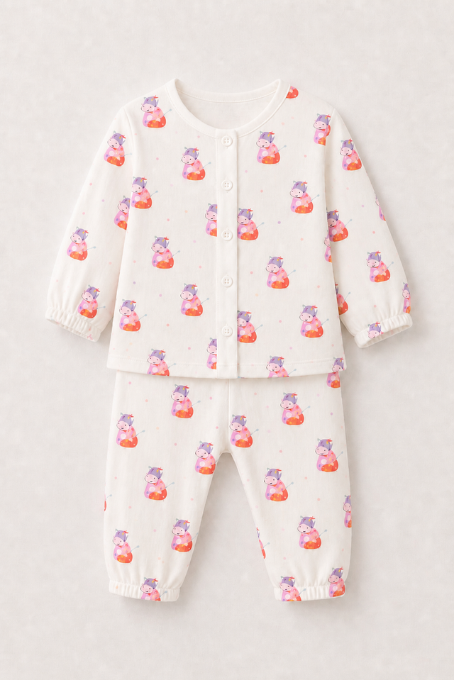 Baby wearing Anaario Pink Cow organic mulmul cotton set, newborn to 24 months
