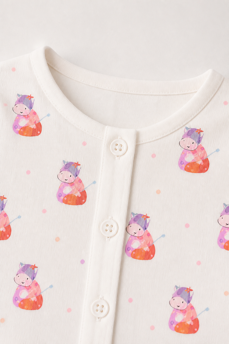 Baby wearing Anaario Pink Cow organic mulmul cotton set, newborn to 24 months