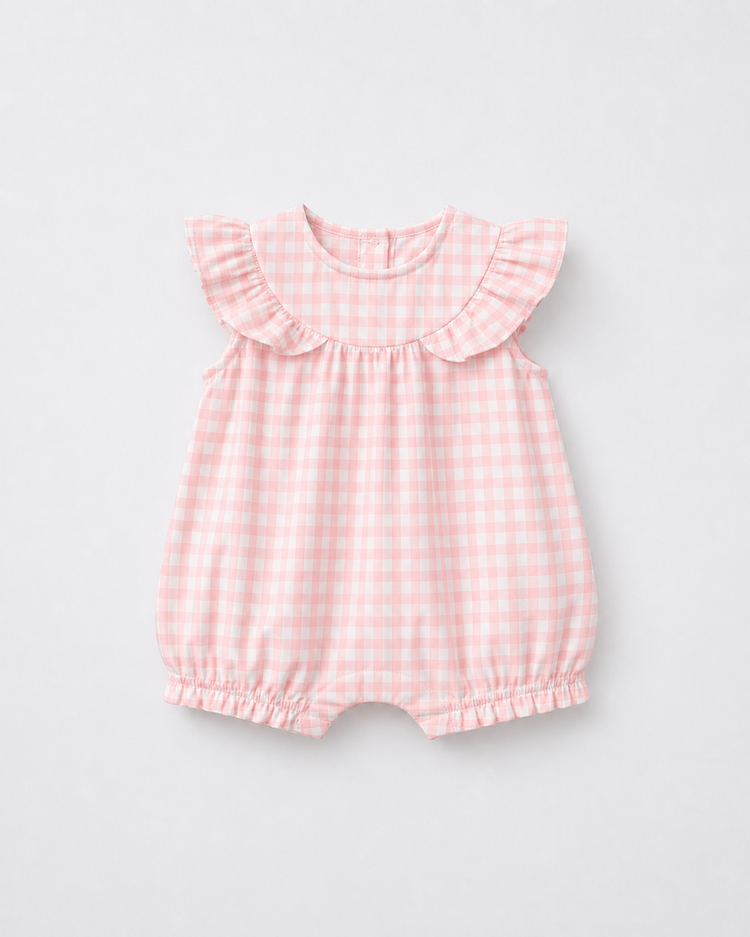 Baby wearing Anaario Pink Gingham Frill Yoke sleeveless romper, newborn to 24 months