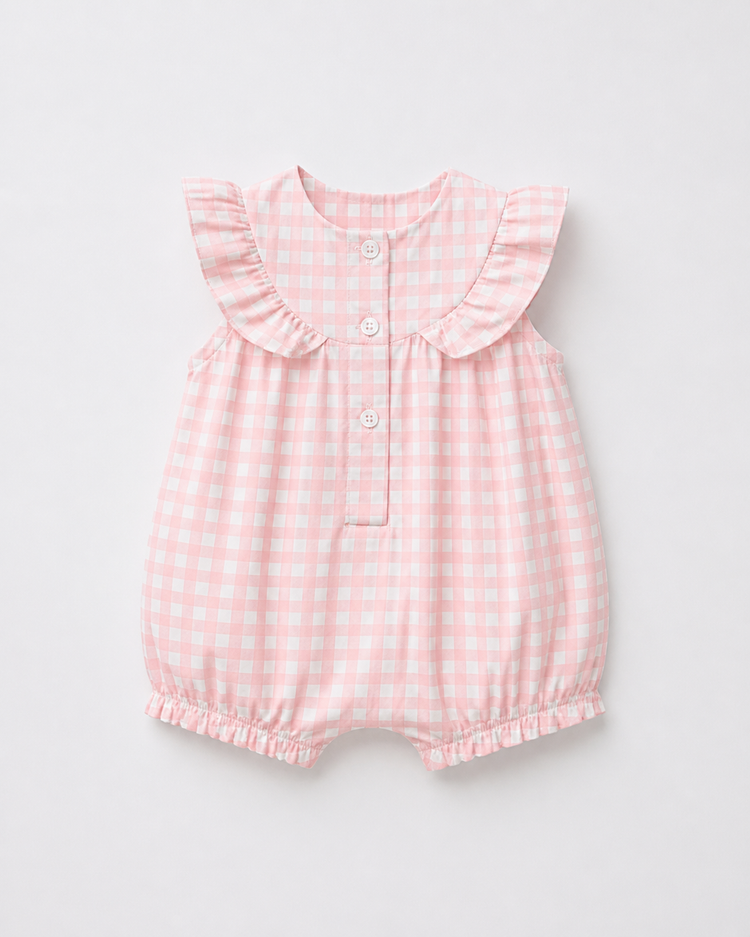 Baby wearing Anaario Pink Gingham Frill Yoke sleeveless romper, newborn to 24 months