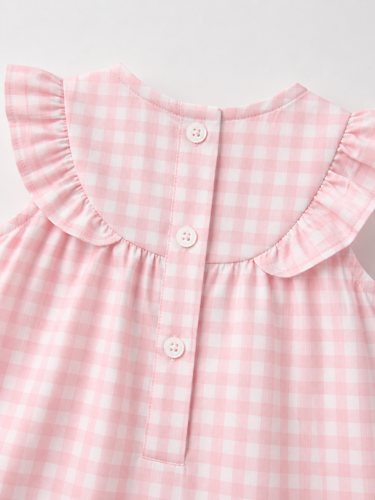 Baby wearing Anaario Pink Gingham Frill Yoke sleeveless romper, newborn to 24 months