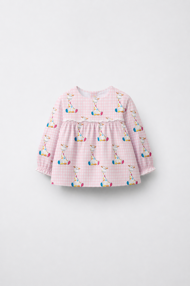 Baby wearing Anaario Pink Gingham Giraffe pink gingham with giraffe prints co-ord set, newborn to 24 months