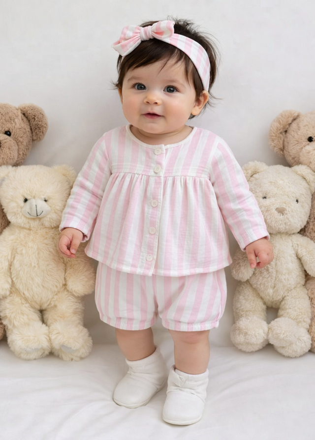 Baby wearing Anaario Pink Stripes organic mulmul cotton Blossom Breeze set, newborn to 24 months
