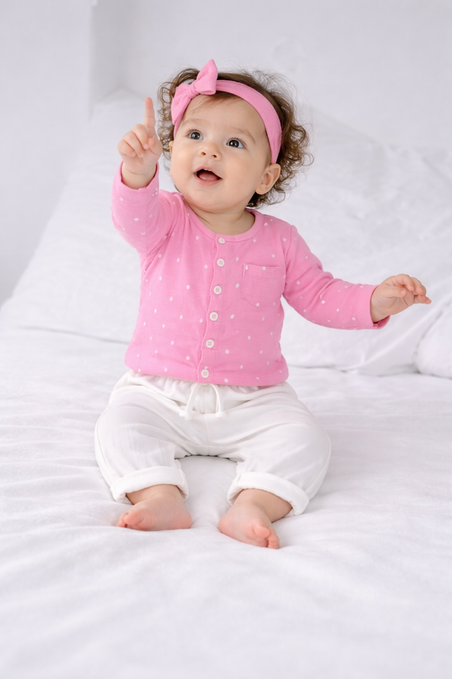 Baby wearing Anaario Pink and White Dots organic mulmul cotton Gleeful Giggles set, newborn to 24 months