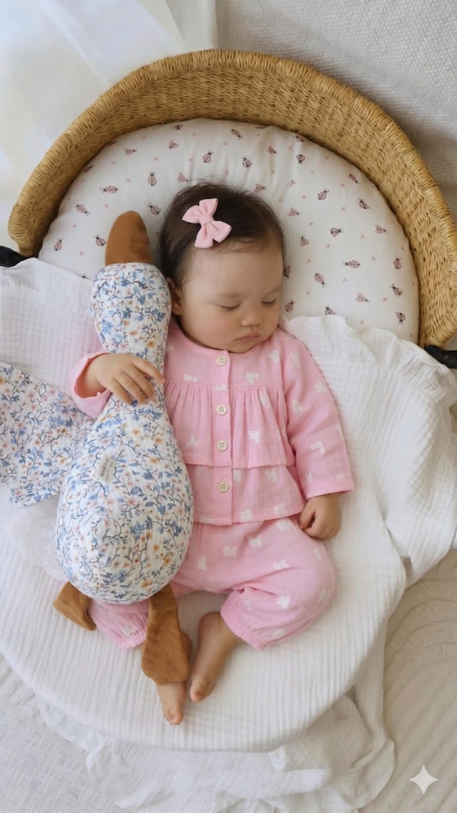 Baby wearing Anaario Pink and White Raindrops organic mulmul cotton Blossom Breeze set, newborn to 24 months