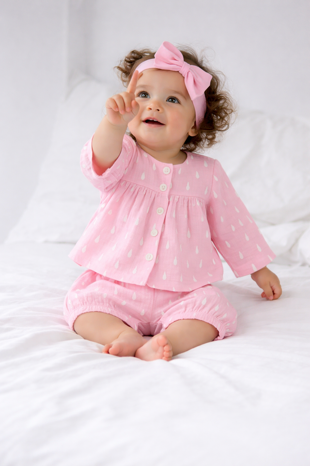 Baby wearing Anaario Pink and White Raindrops organic mulmul cotton Blossom Breeze set, newborn to 24 months