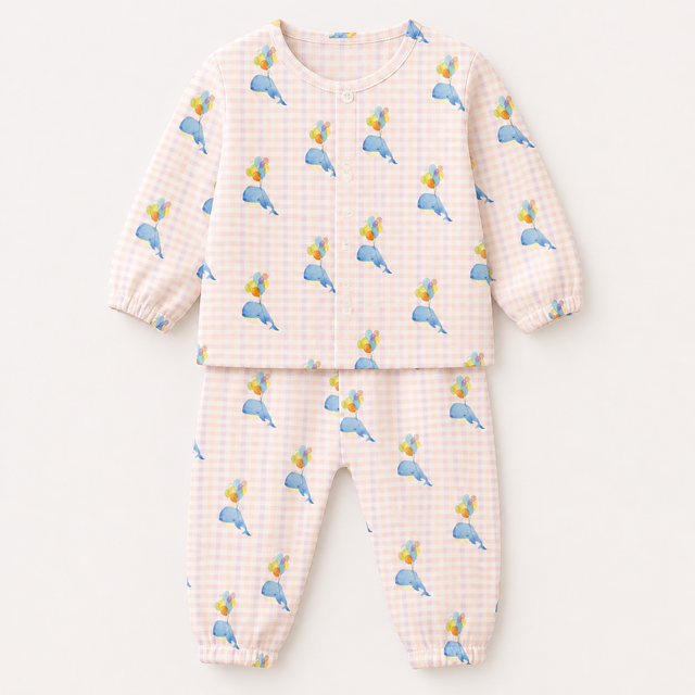 Baby wearing Anaario Playful Dolphin organic mulmul cotton set, newborn to 24 months