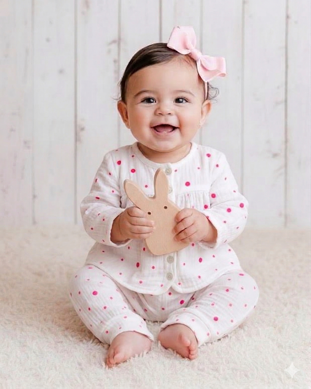 Baby wearing Anaario Plum Specks organic mulmul cotton Blossom Breeze set, newborn to 24 months