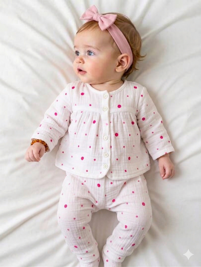 Baby wearing Anaario Plum Specks organic mulmul cotton Blossom Breeze set, newborn to 24 months