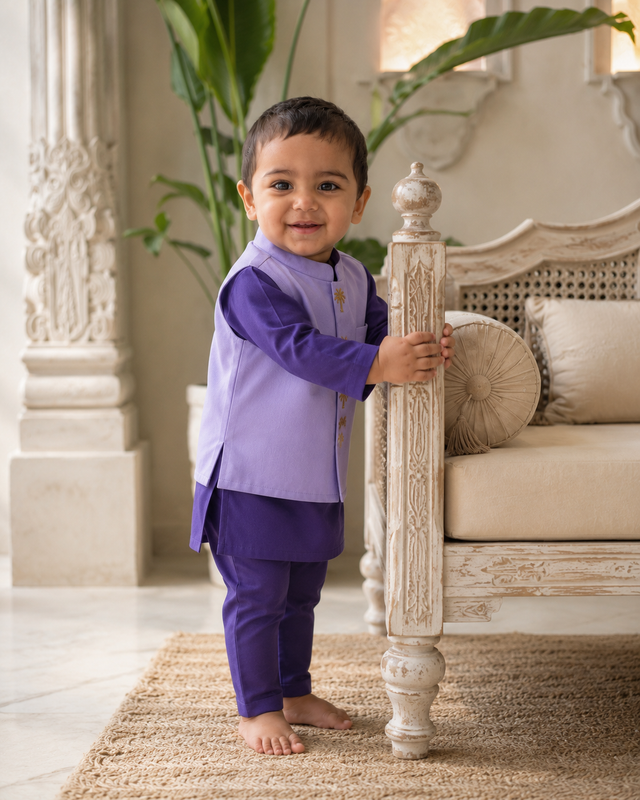 Baby wearing Anaario Purple Palm-Motif Baby Kurta Set, purple kurta with lavender palm-tree embroidered jacket, newborn to 24 months