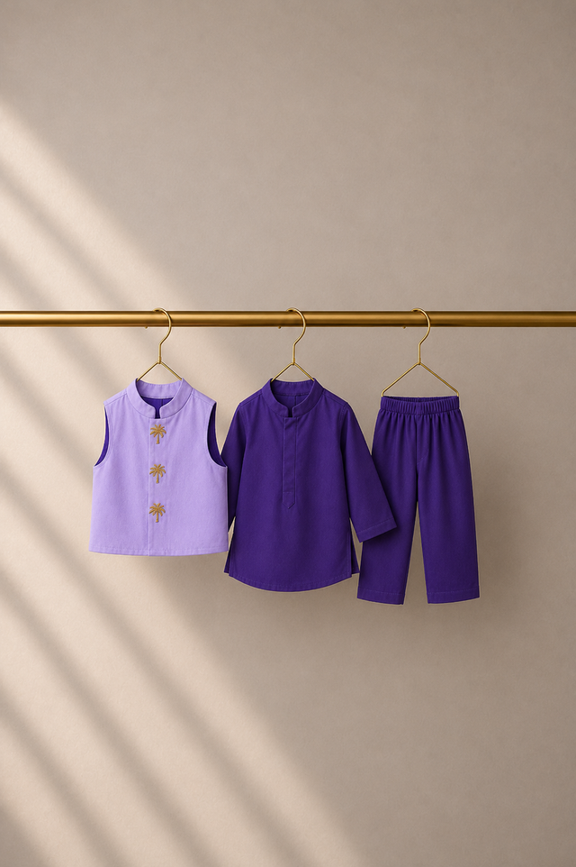 Baby wearing Anaario Purple Palm-Motif Baby Kurta Set, purple kurta with lavender palm-tree embroidered jacket, newborn to 24 months