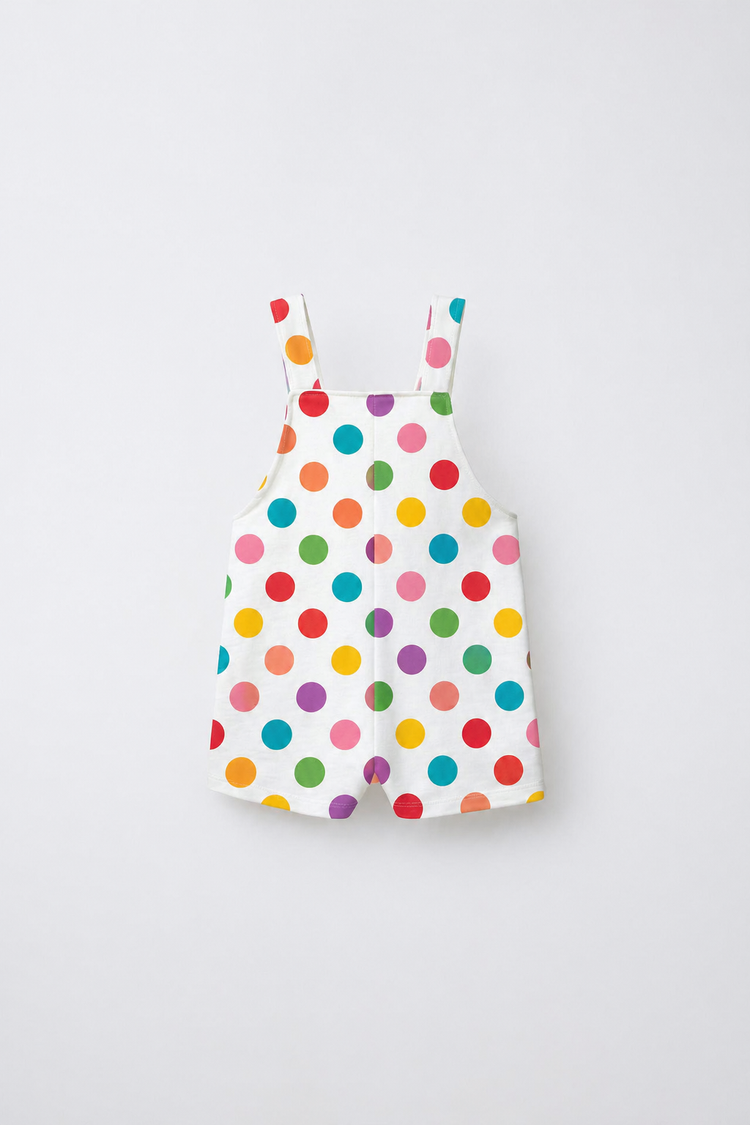 Baby wearing Anaario Rainbow Dot Pleated white with multicolour polka dots romper set, newborn to 24 months
