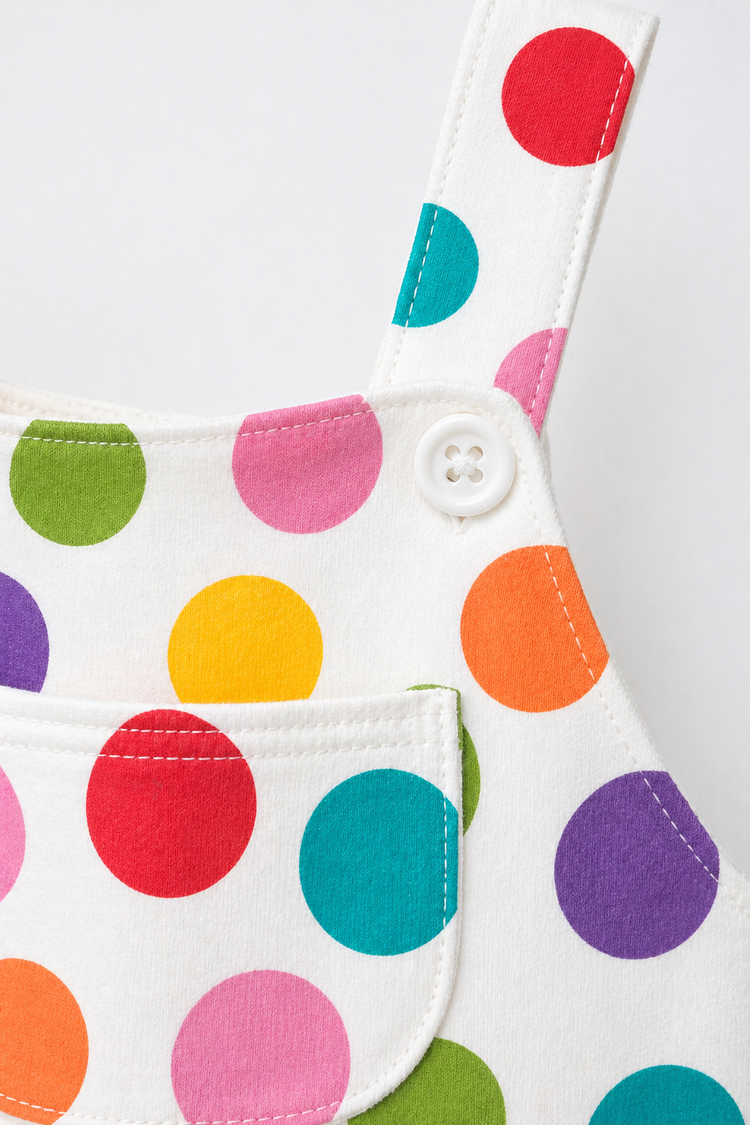 Baby wearing Anaario Rainbow Dot Pleated white with multicolour polka dots romper set, newborn to 24 months