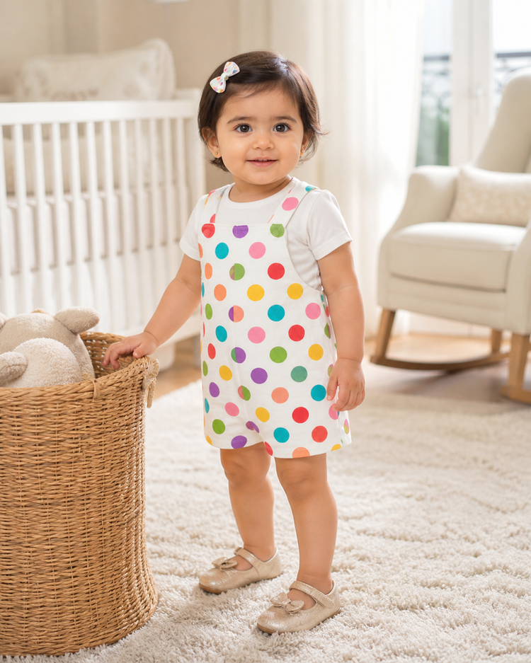 Baby wearing Anaario Rainbow Dot Pleated white with multicolour polka dots romper set, newborn to 24 months