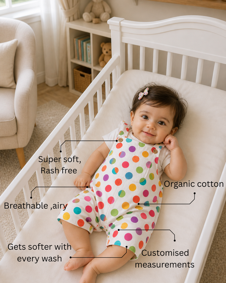 Baby wearing Anaario Rainbow Dot Pleated white with multicolour polka dots romper set, newborn to 24 months