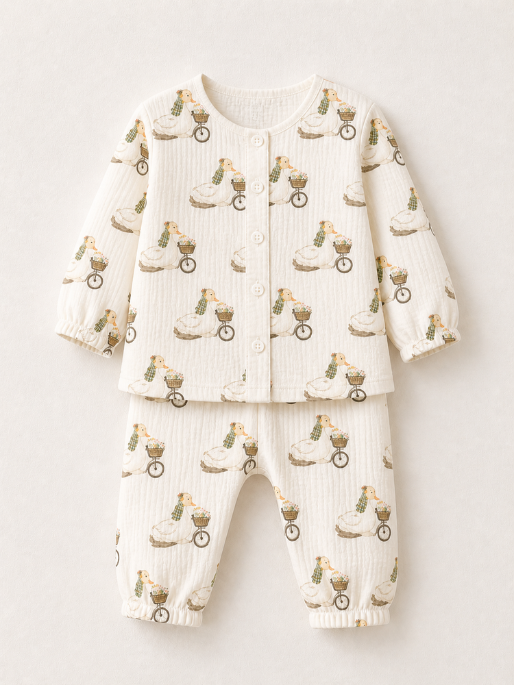 Baby wearing Anaario Retro Scooters organic mulmul cotton set, newborn to 24 months