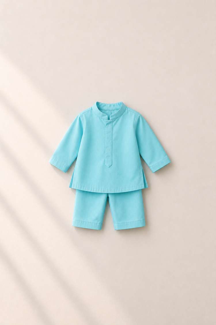 Baby wearing Anaario Sky Blue Dragonfly Motif Jacket Kurta Set, sky blue kurta with lime green dragonfly-embroidered jacket, newborn to 24 months