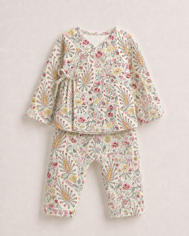 Baby wearing Anaario Vintage Floral Paisley Wrap co-ord set, newborn to 24 months