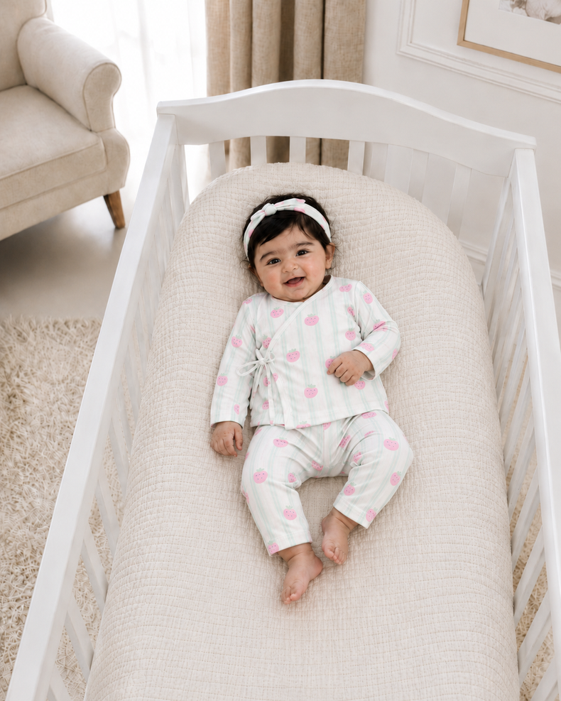 Baby wearing Anaario Strawberry Wrap white with pink strawberry prints and mint stripes co-ord set, newborn to 24 months