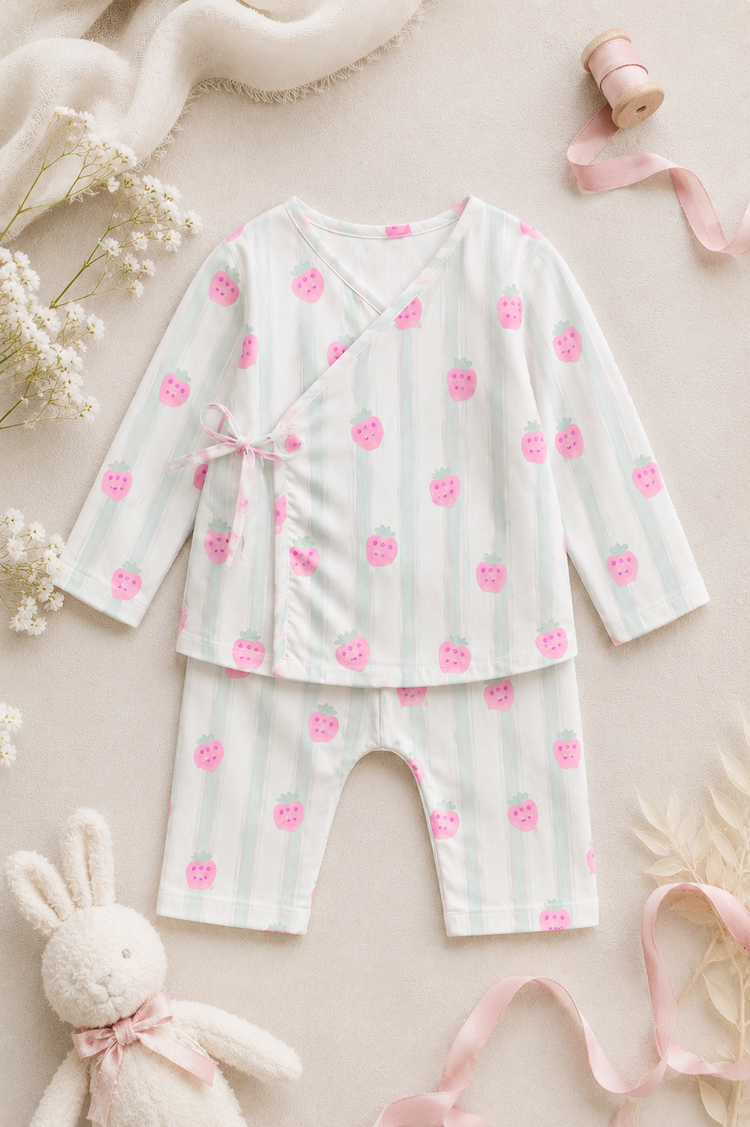 Baby wearing Anaario Strawberry Wrap white with pink strawberry prints and mint stripes co-ord set, newborn to 24 months