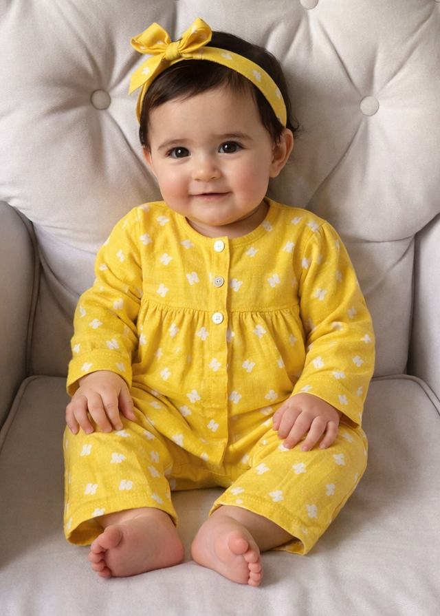 Baby wearing Anaario Yellow Alphabets organic mulmul cotton Blossom Breeze set, newborn to 24 months