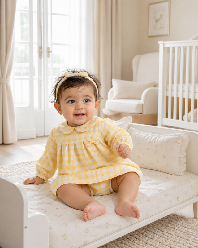 Baby wearing Anaario Yellow Check Bow yellow and white check long-sleeve dress set, newborn to 24 months