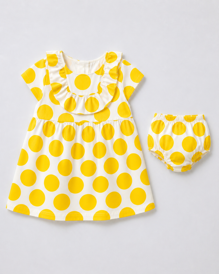 Baby wearing Anaario Yellow Dot Frill white with yellow polka dots dress set, newborn to 24 months