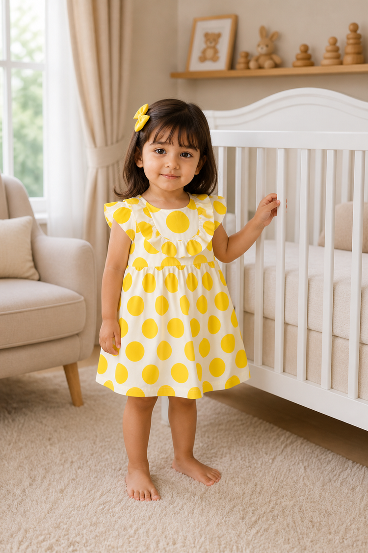 Baby wearing Anaario Yellow Dot Frill white with yellow polka dots dress set, newborn to 24 months