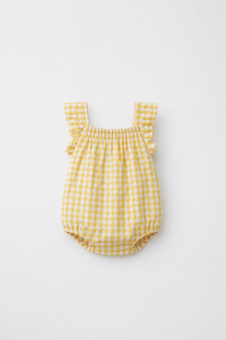 Baby wearing Anaario Yellow Gingham Shoulder Frill sleeveless romper, newborn to 24 months