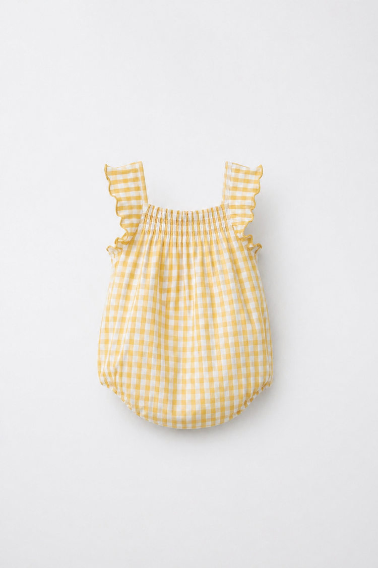 Baby wearing Anaario Yellow Gingham Shoulder Frill sleeveless romper, newborn to 24 months