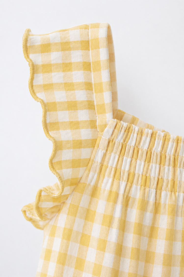 Baby wearing Anaario Yellow Gingham Shoulder Frill sleeveless romper, newborn to 24 months