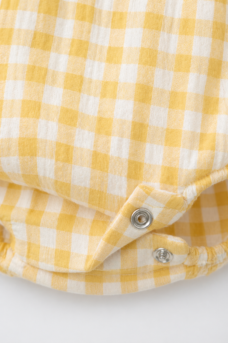 Baby wearing Anaario Yellow Gingham Shoulder Frill sleeveless romper, newborn to 24 months