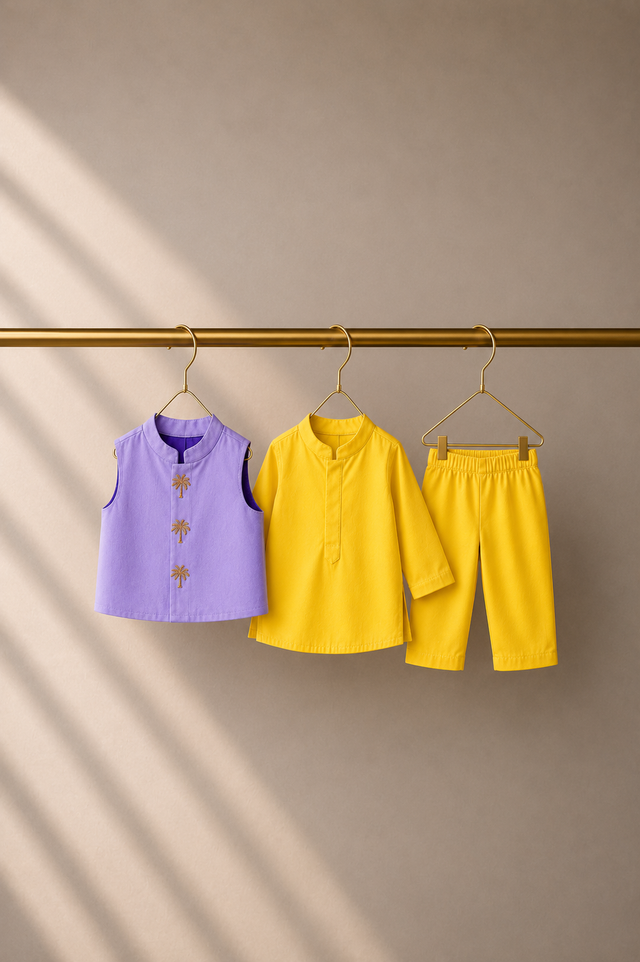 Baby wearing Anaario Yellow Palm Motif Jacket Kurta Set, yellow kurta with lavender palm-tree embroidered jacket, newborn to 24 months