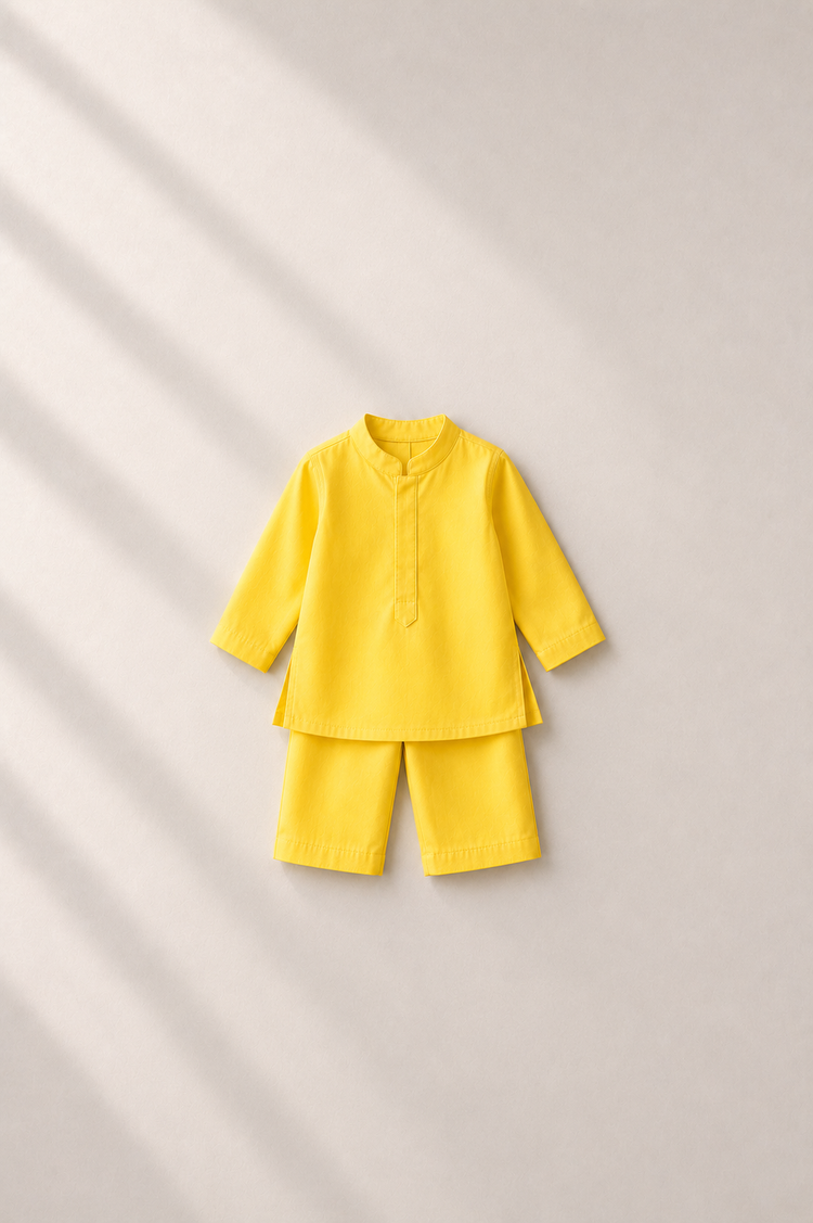 Baby wearing Anaario Yellow Palm Motif Jacket Kurta Set, yellow kurta with lavender palm-tree embroidered jacket, newborn to 24 months