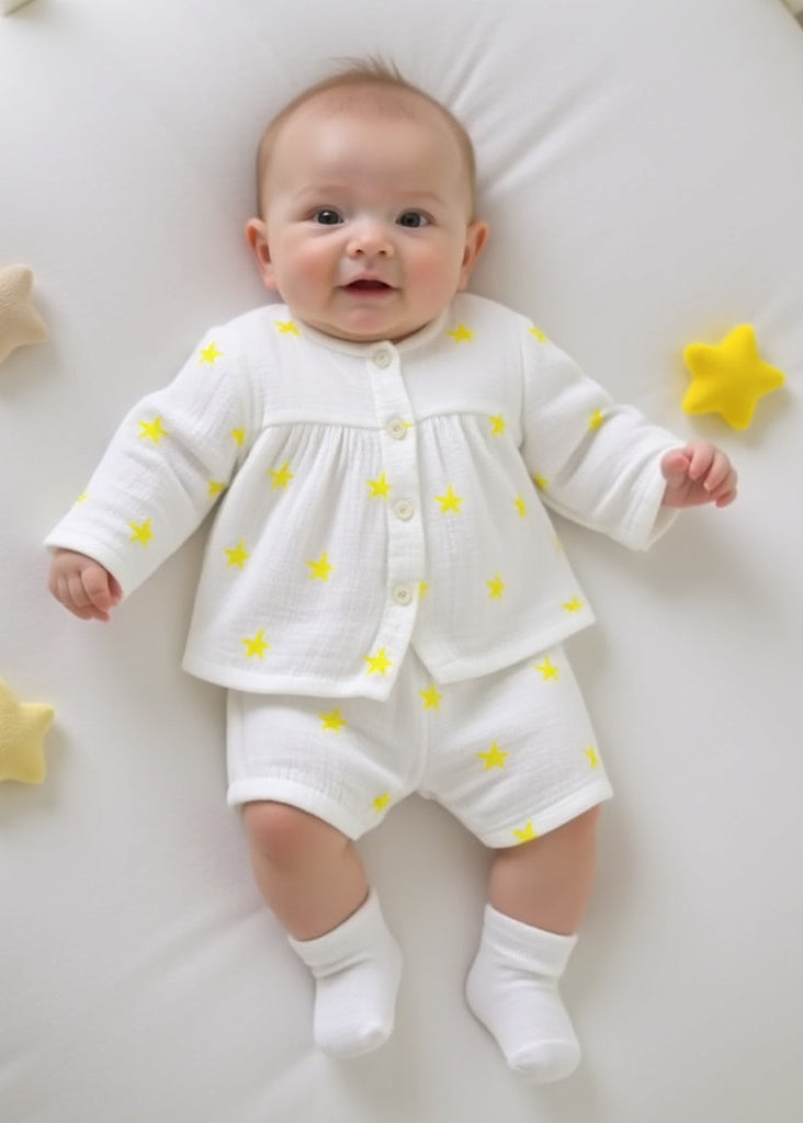 Baby wearing Anaario Yellow Palm Leaves organic mulmul cotton Blossom Breeze set, newborn to 24 months