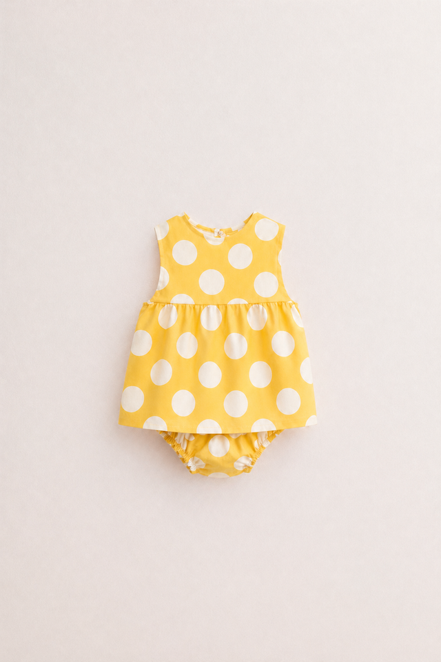 Baby wearing Anaario Yellow Polka Dot white with yellow polka dots dress set, newborn to 24 months