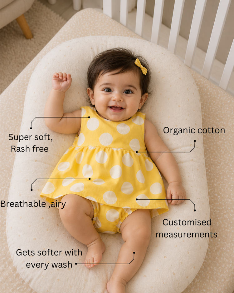 Baby wearing Anaario Yellow Polka Dot white with yellow polka dots dress set, newborn to 24 months