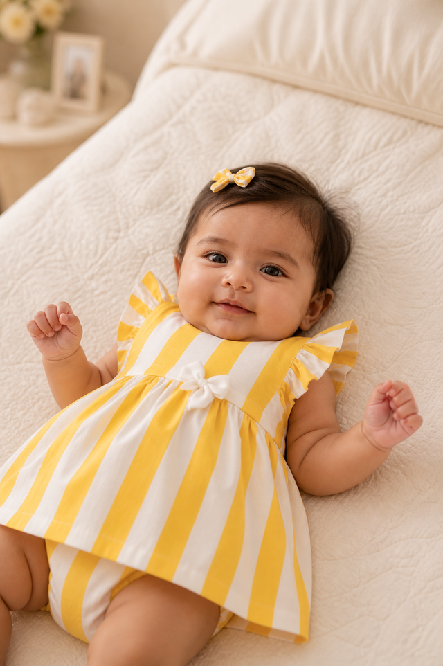 Baby wearing Anaario Yellow Stripe Frill yellow and white stripes dress set, newborn to 24 months