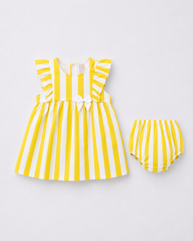 Baby wearing Anaario Yellow Stripe Frill yellow and white stripes dress set, newborn to 24 months